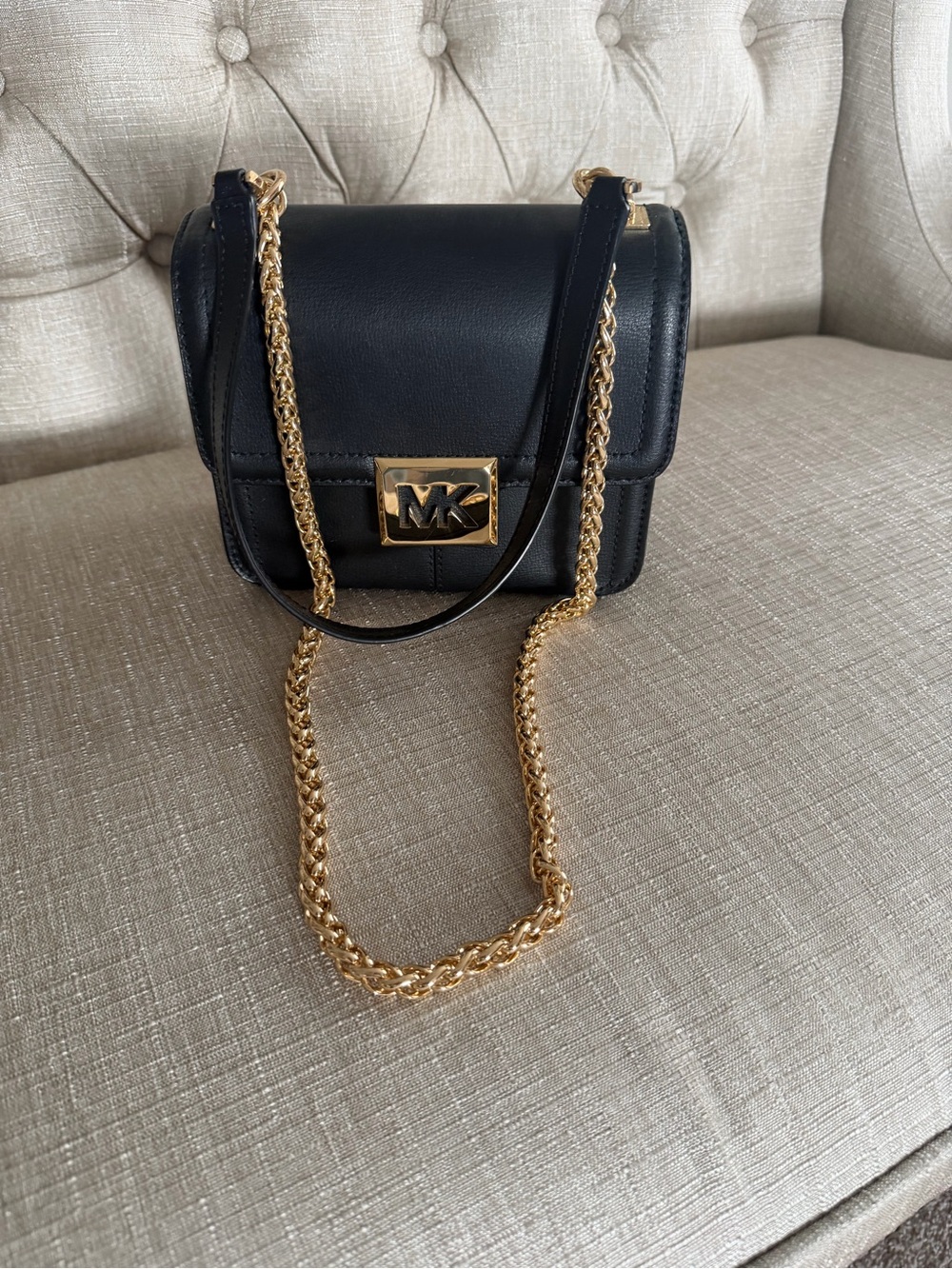 Michael Kors Black Leather Crossbody with Gold Chain Strap